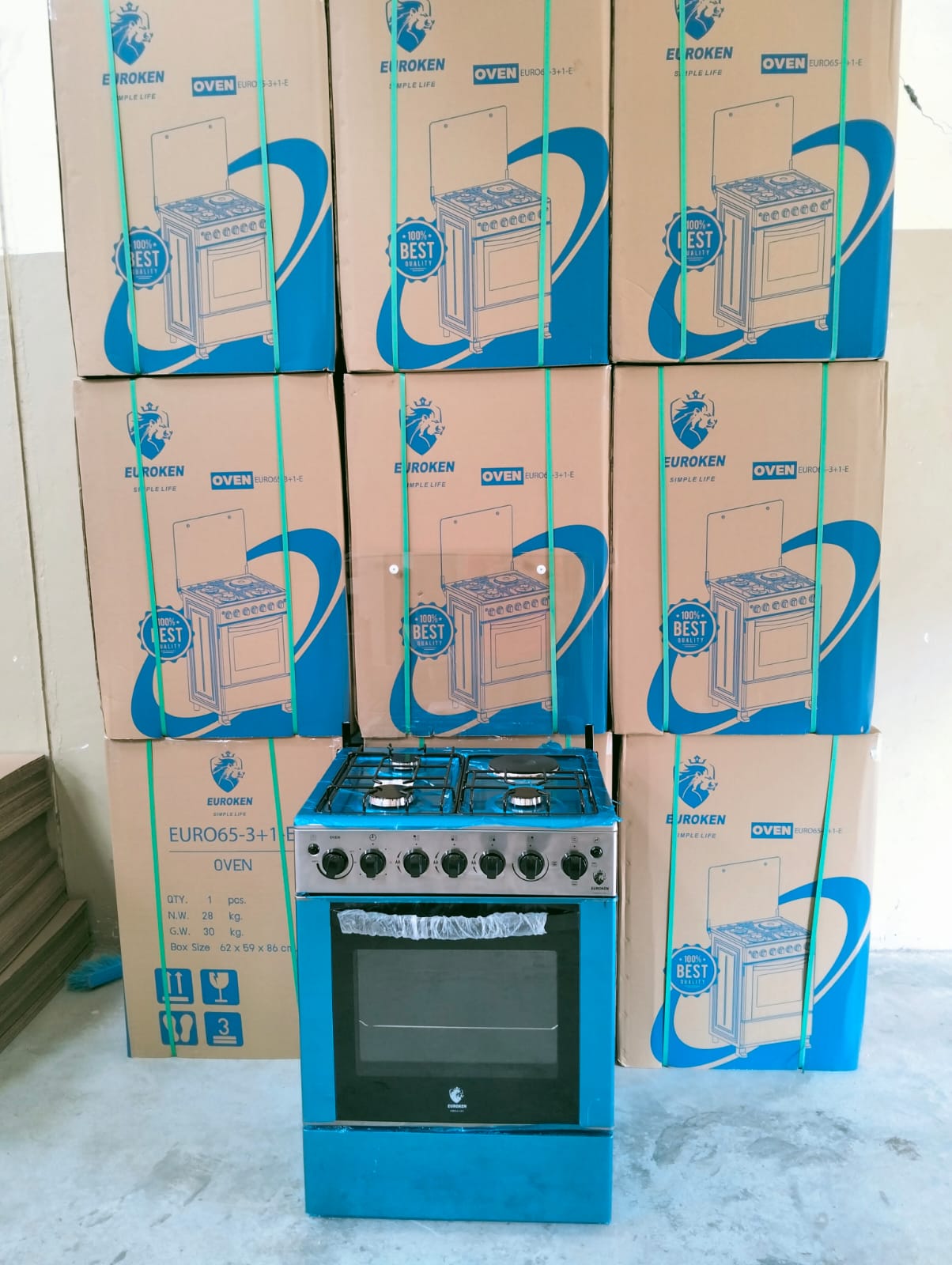 60*55 Euroken  3+1 standing cooker with electric double heater oven ,timer,light and auto ignation