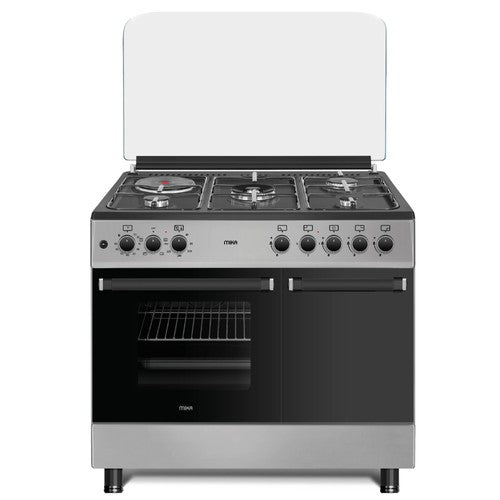 MIKA Standing Cooker, 90cm x 60cm, 4 Gas Pool Jet Burners (1 Wok) + 1 RAPID Hot Plate, Auto Ignition, 4 Function Electric Oven, GAS CYLINDER CABINET, Rotisserie, Mirror Black Hob, Silver Body