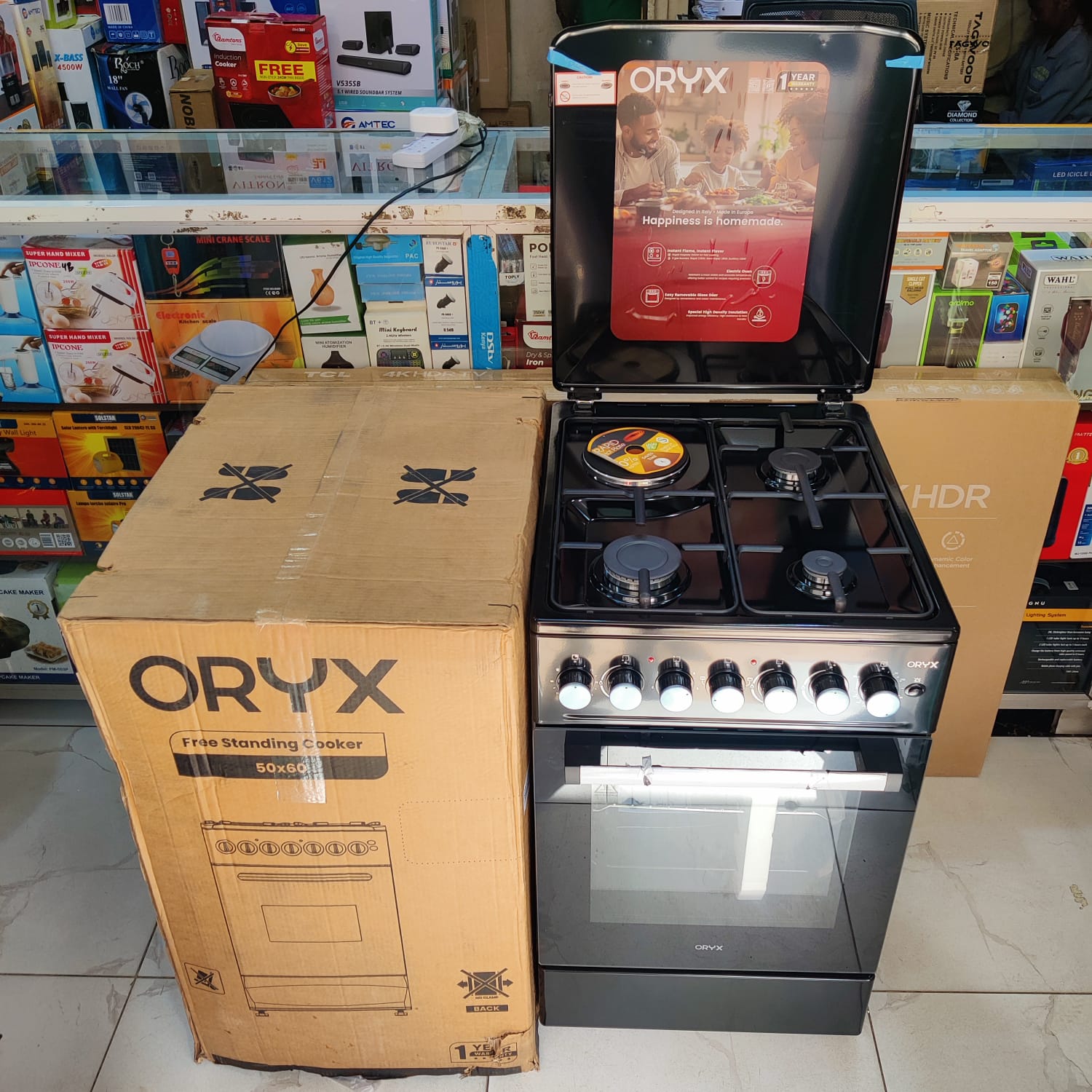 ORYX Standing Cooker, 50cm x 60cm, 3 Gas Pipe Burners + 1 RAPID Hot Plate, Button Ignition, 3 Function Electric Oven, Full Black